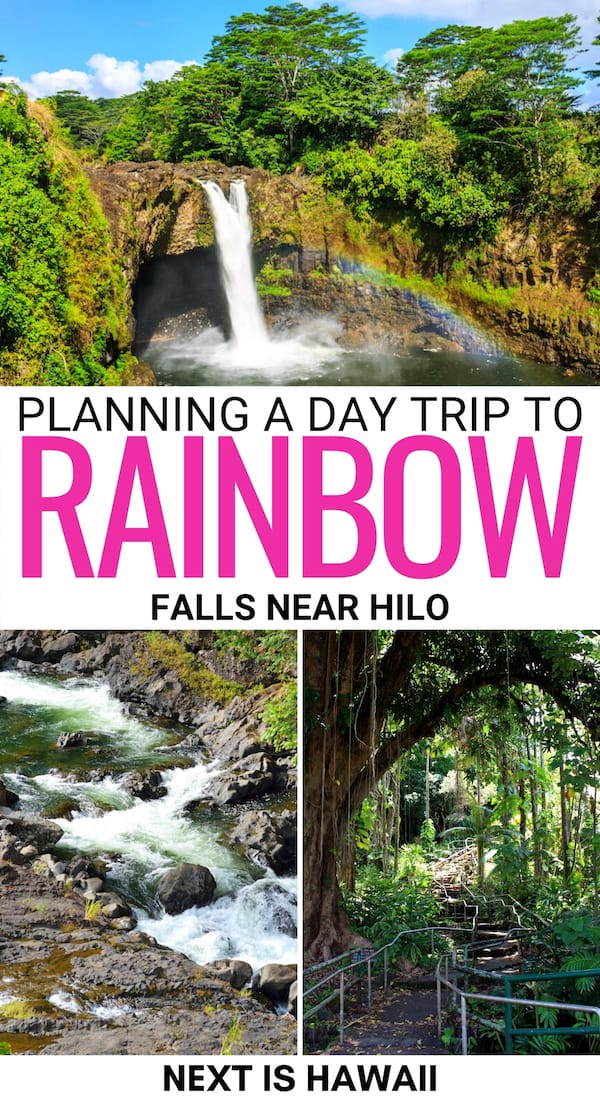 Are you looking to take a day trip to Rainbow Falls near Hilo? This is a guide for visiting Wailuku River State Park - including how to get there and more. | Places to visit Big Island | Big Island waterfalls | Big Island state parks | Things to do on the Big Island | Hawaii places to visit | What to do on the Big Island | Hilo waterfalls | Waterfalls near Hilo | Boiling Pots Hawaii | Wailuku Waterfall