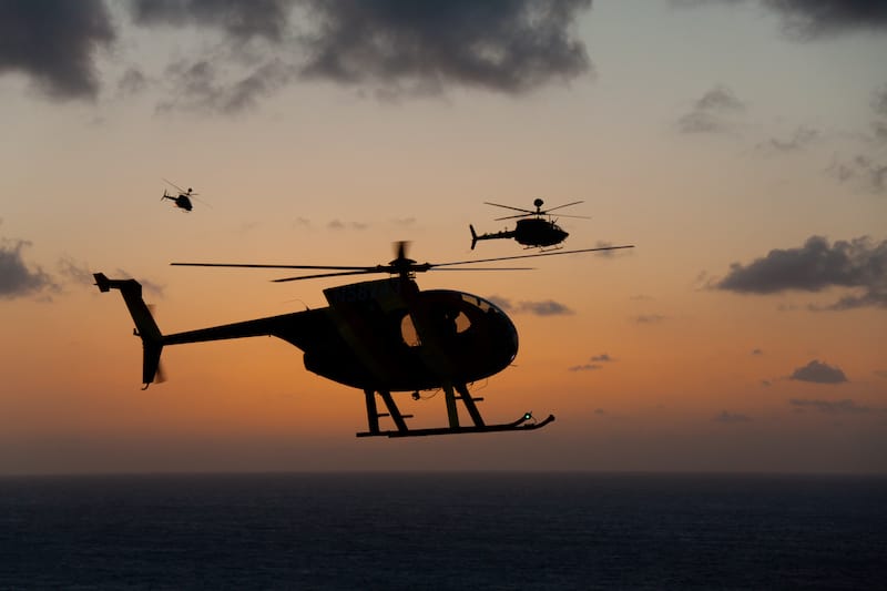 Helicopter over Waikiki at sunset