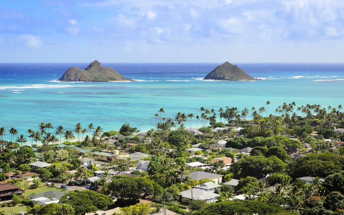 The Mokulua Islands and Lanikai Beach from above